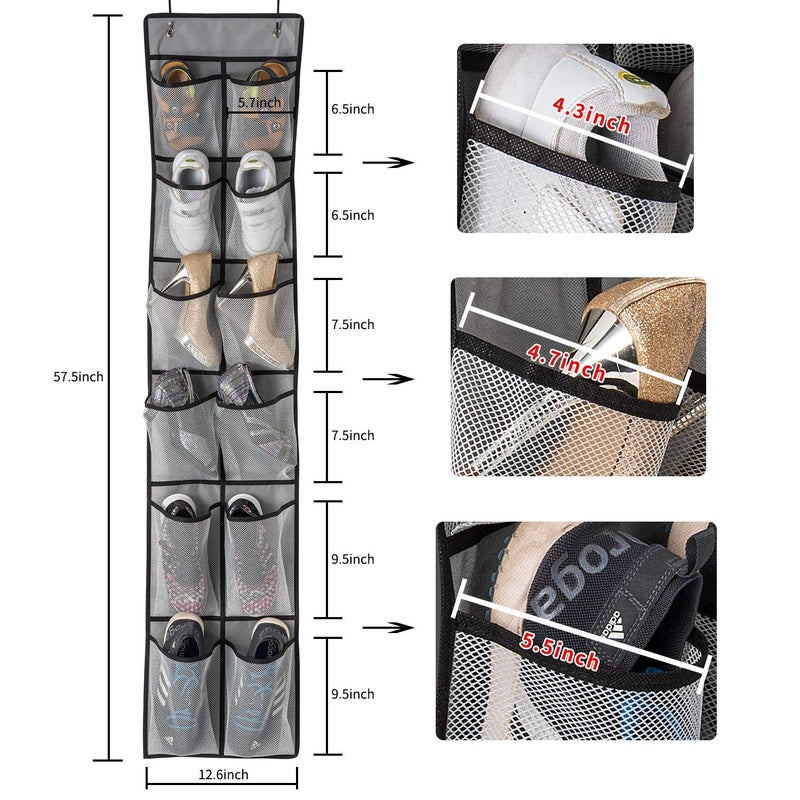 KEEPJOY Over The Door Shoe Organizer 2 Pack,Mesh Pockets Hanging Shoe Rack Over The Door,Shoe Storage Closet with 4 Hooks,Washable and Breathable Fabic,Large Size 57.5Ã—12.6inch(Grey) - Image 3